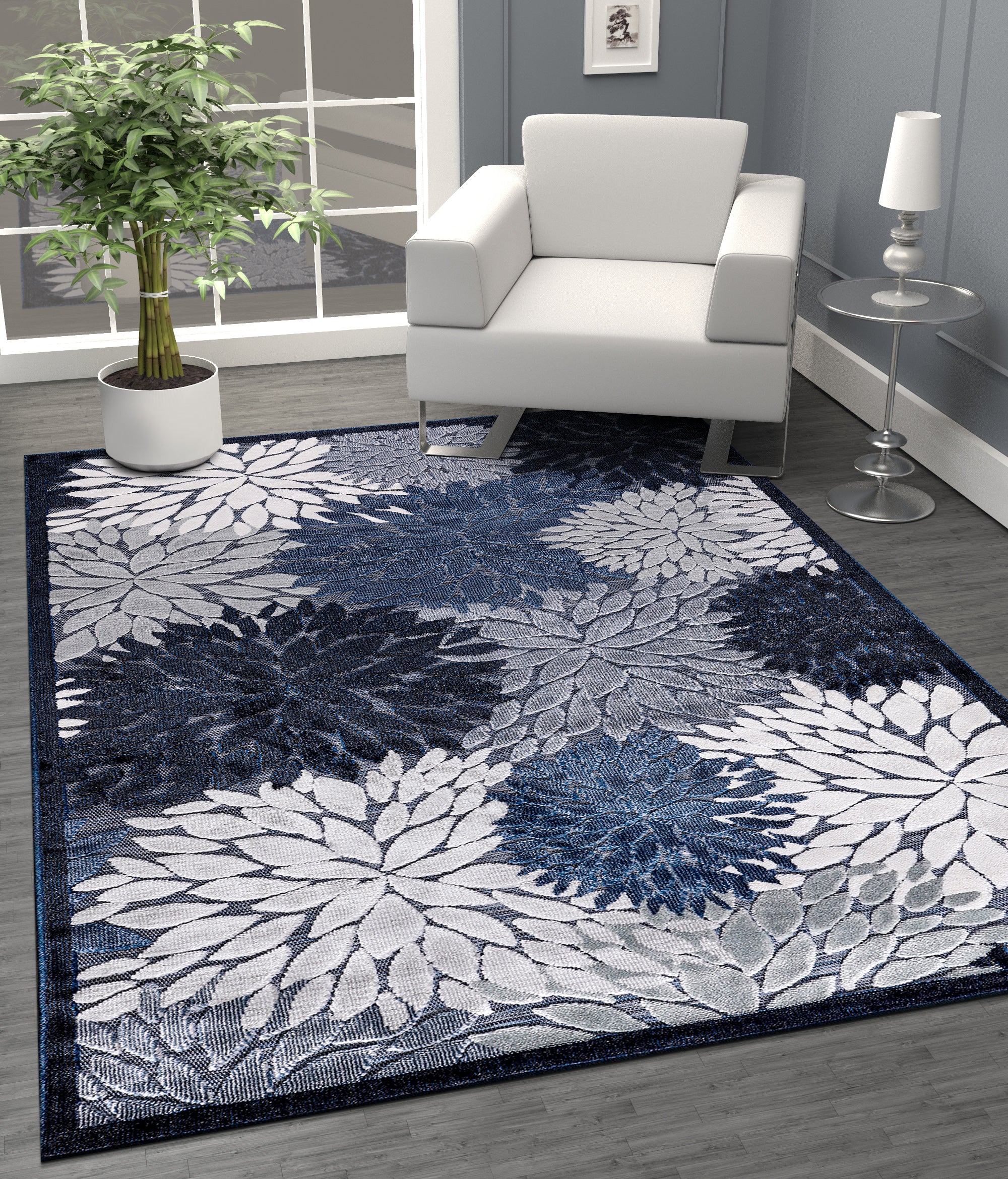 Tropical Outdoor Rug Navy