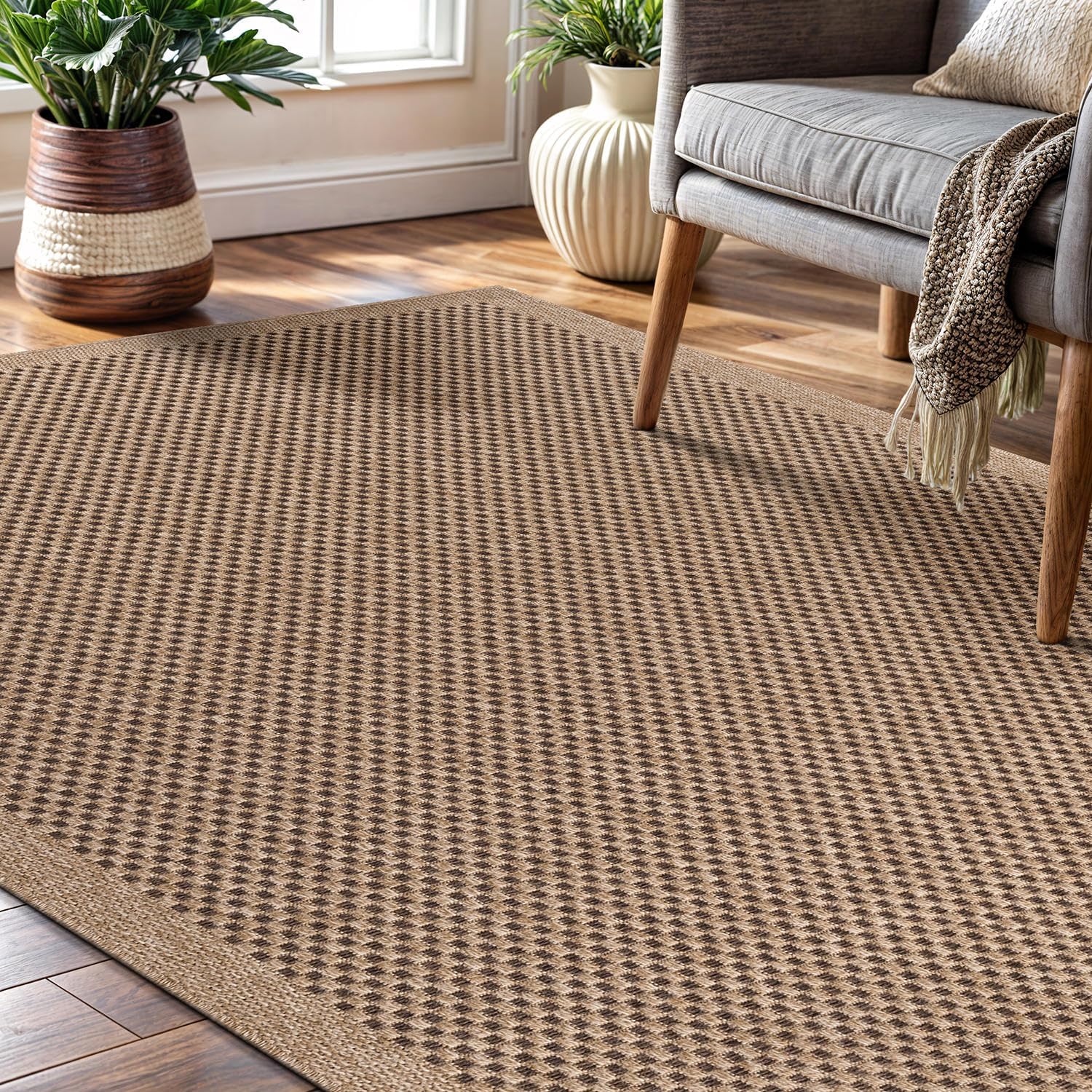 Flax Easy Jute Indoor Outdoor Rugs Natural Checkered