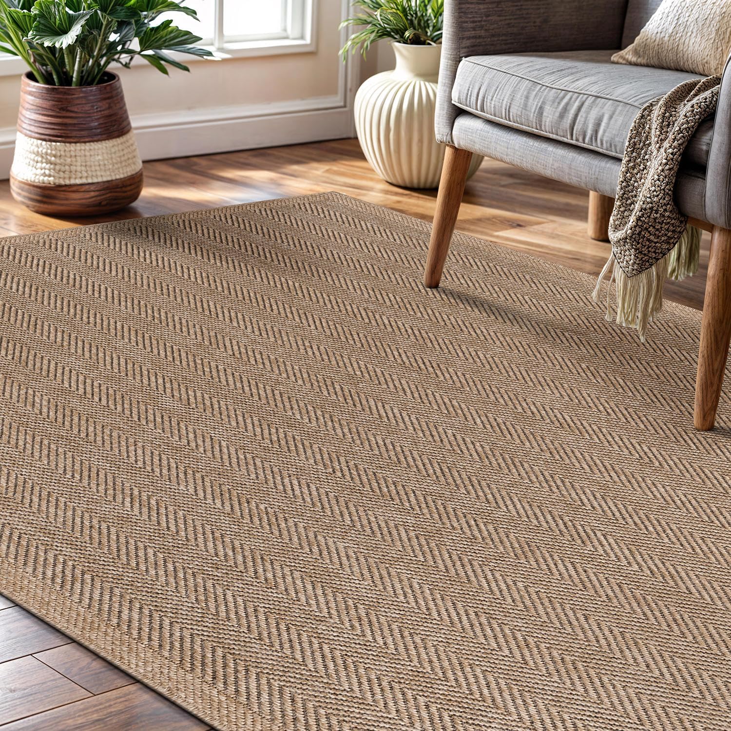 Flax Easy Jute Indoor Outdoor Rugs Natural Herringbone