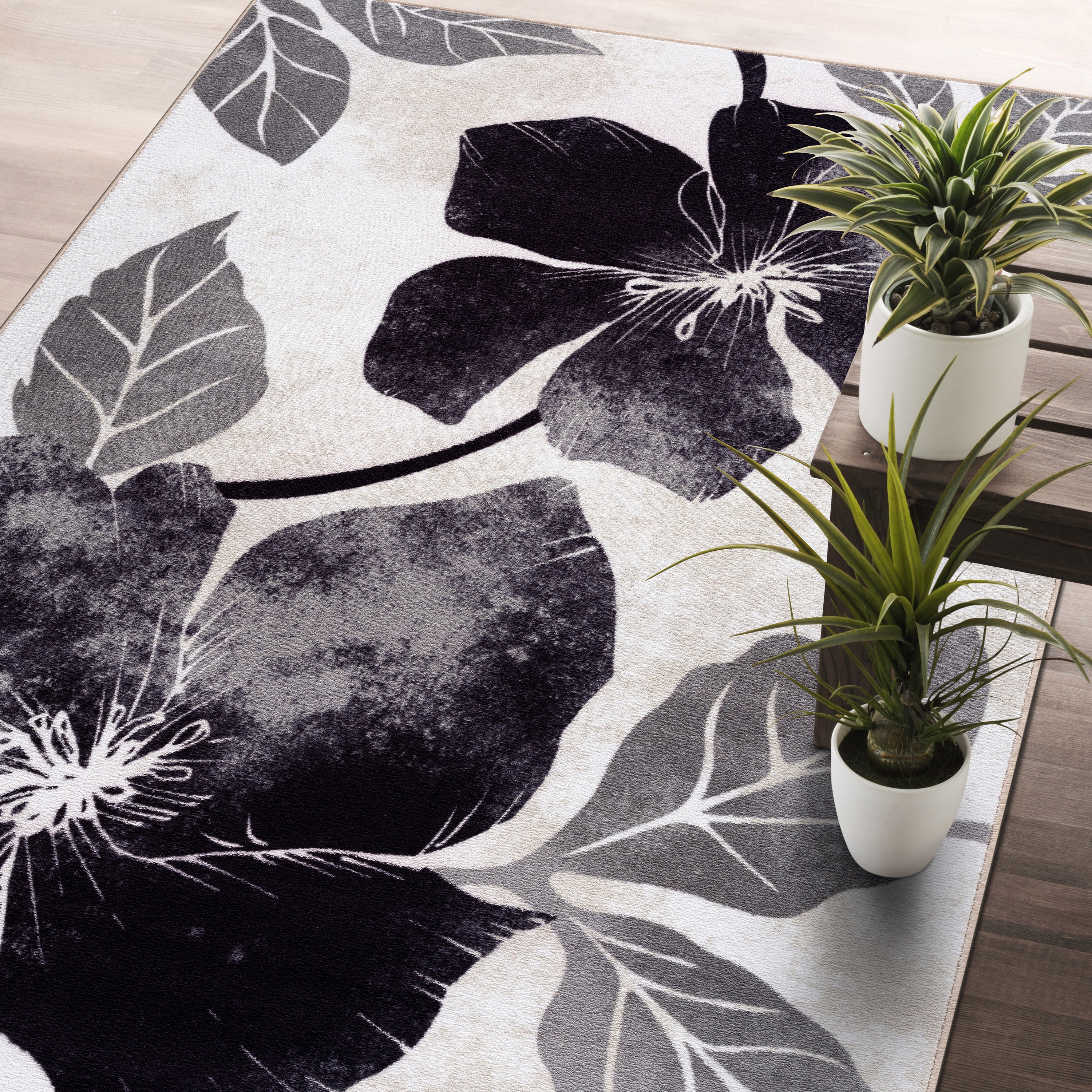 Floral Non-Slip Area Rugs Black