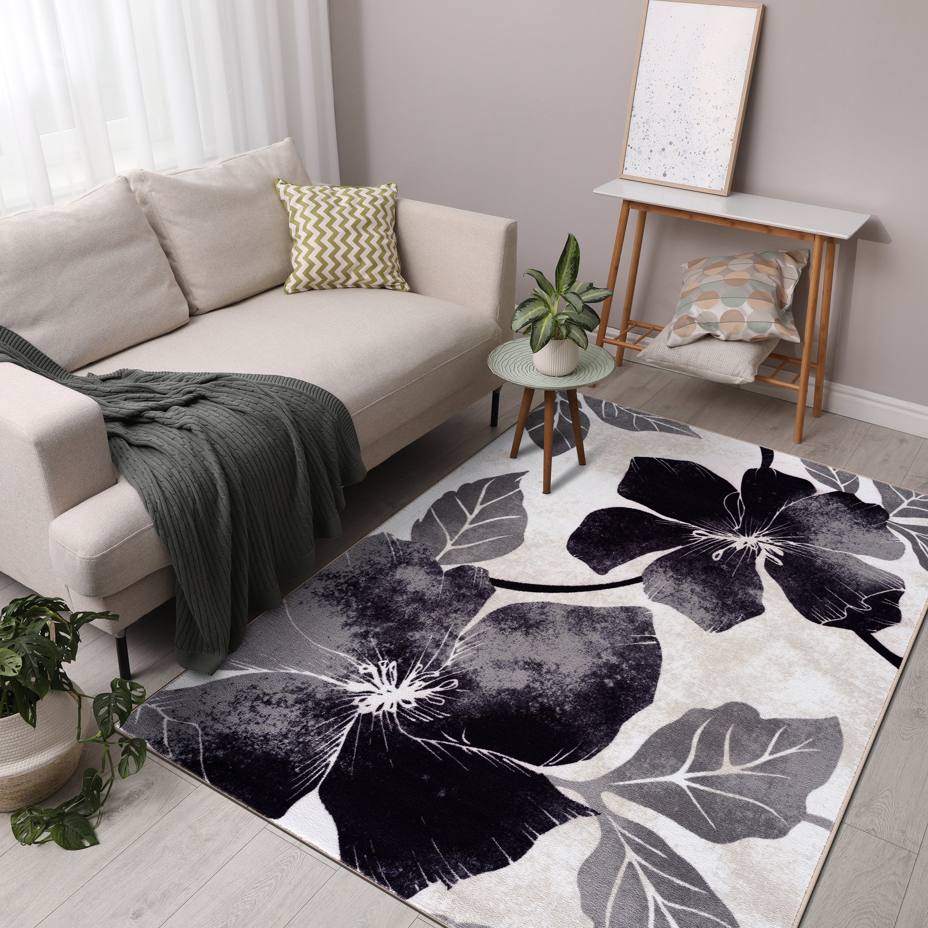 Floral Non-Slip Area Rugs Black