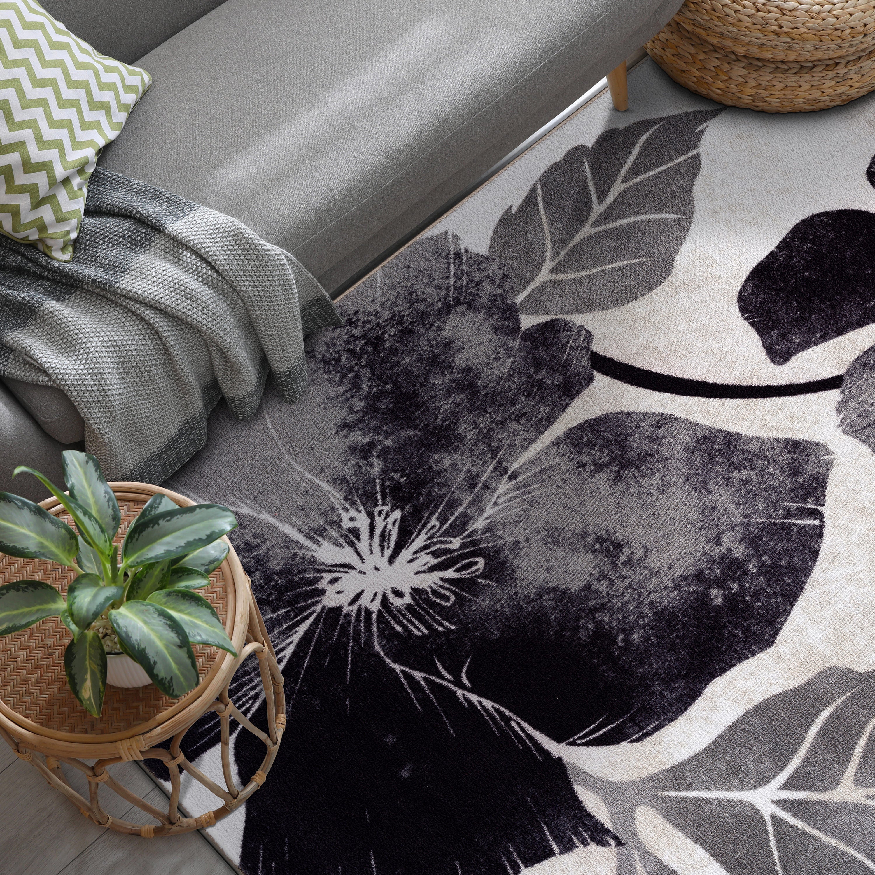 Floral Non-Slip Area Rugs Black