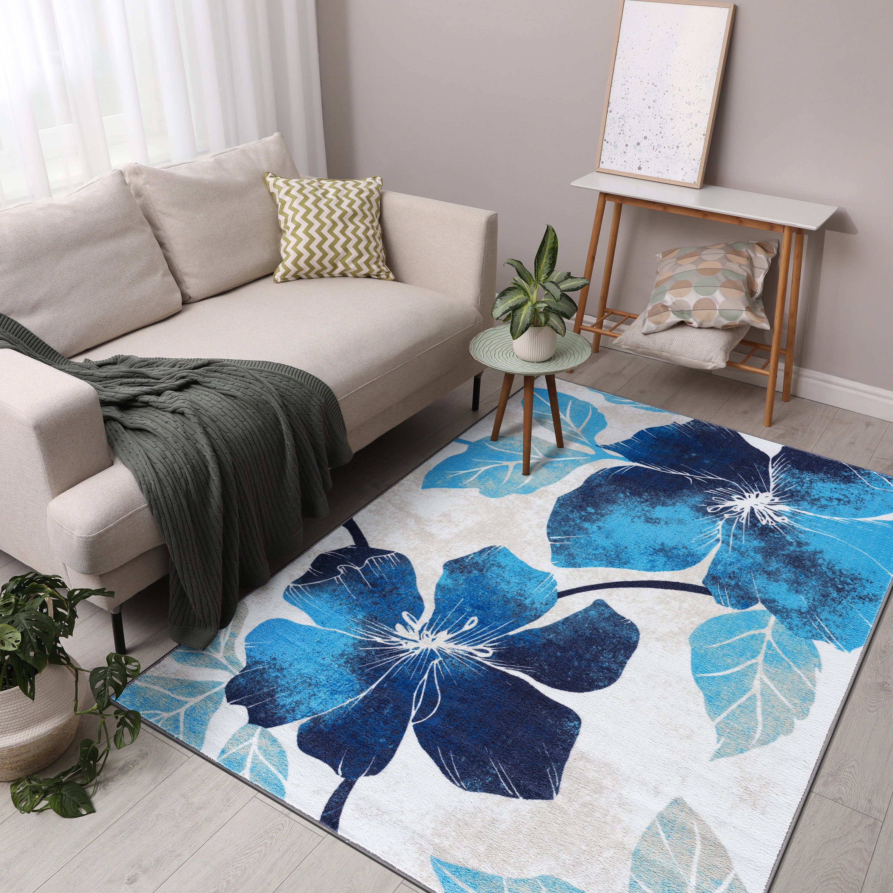 Floral Non-Slip Area Rugs Blue