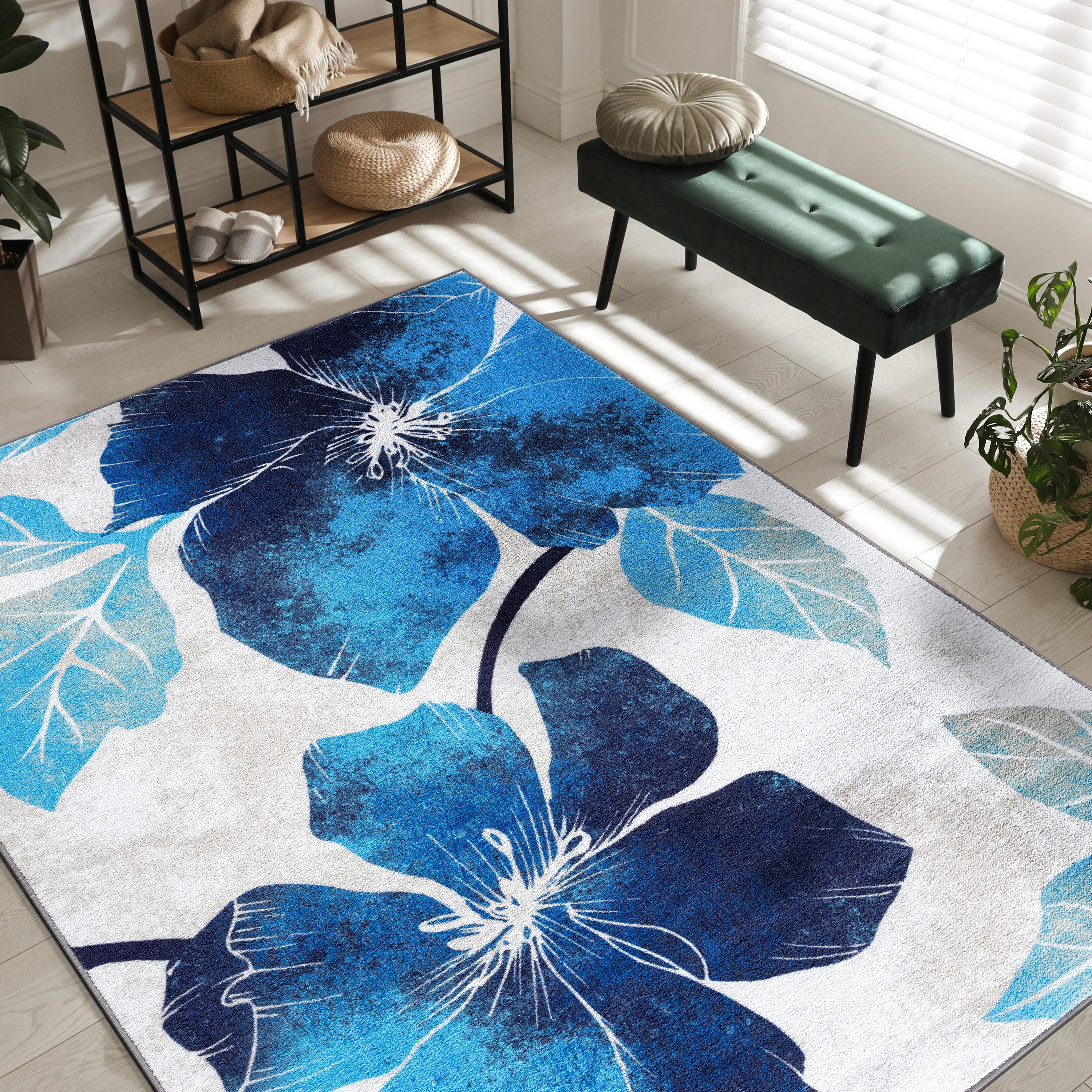 Floral Non-Slip Area Rugs Blue