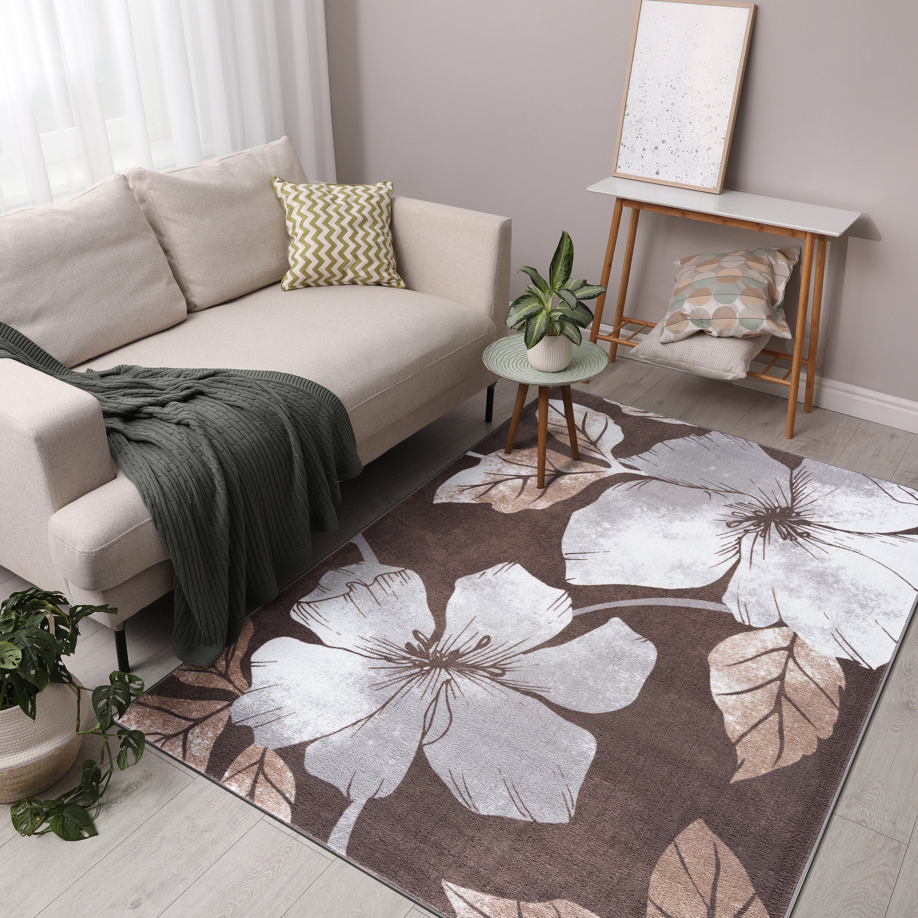 Floral Non-Slip Area Rugs Grey