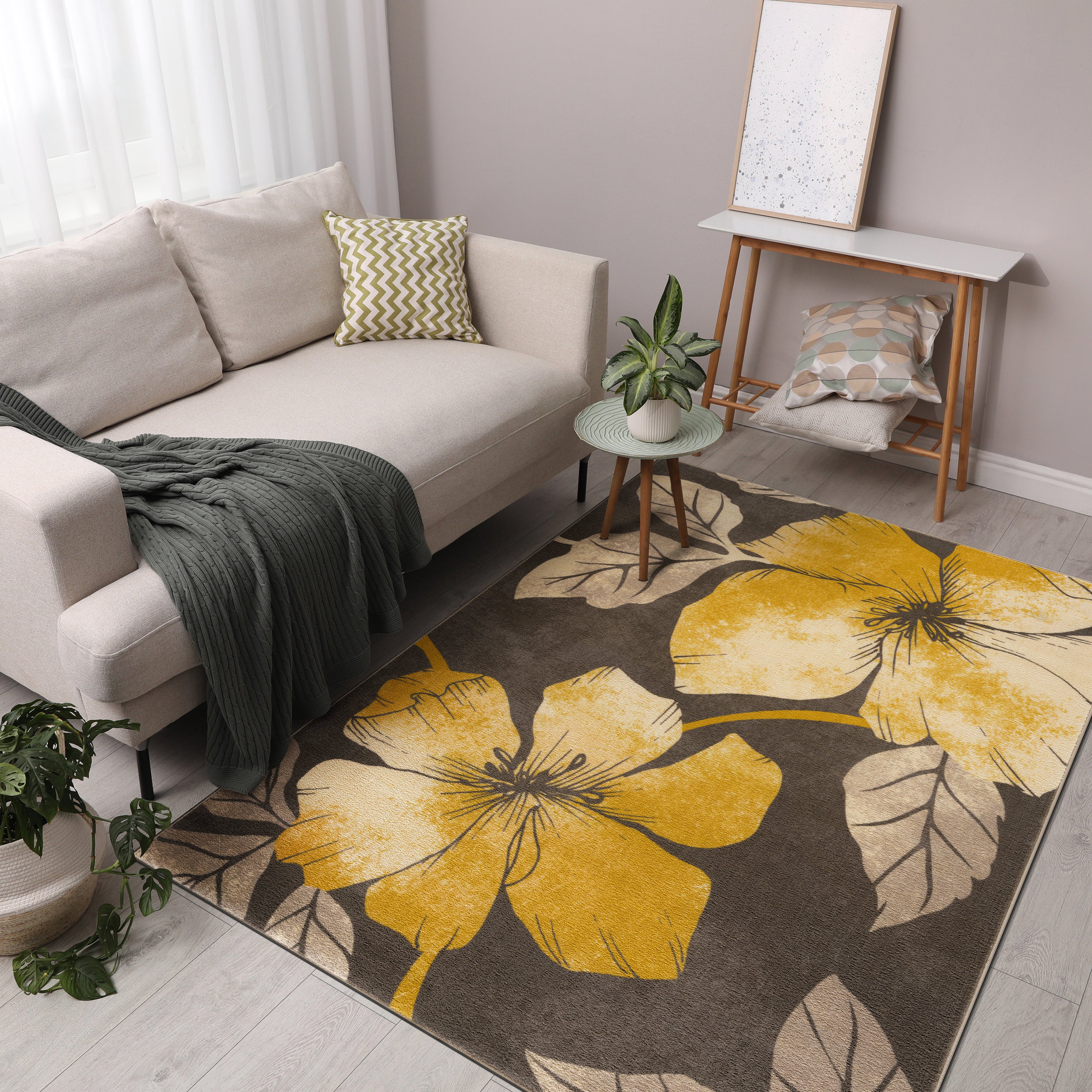 Floral Non-Slip Area Rugs Yellow