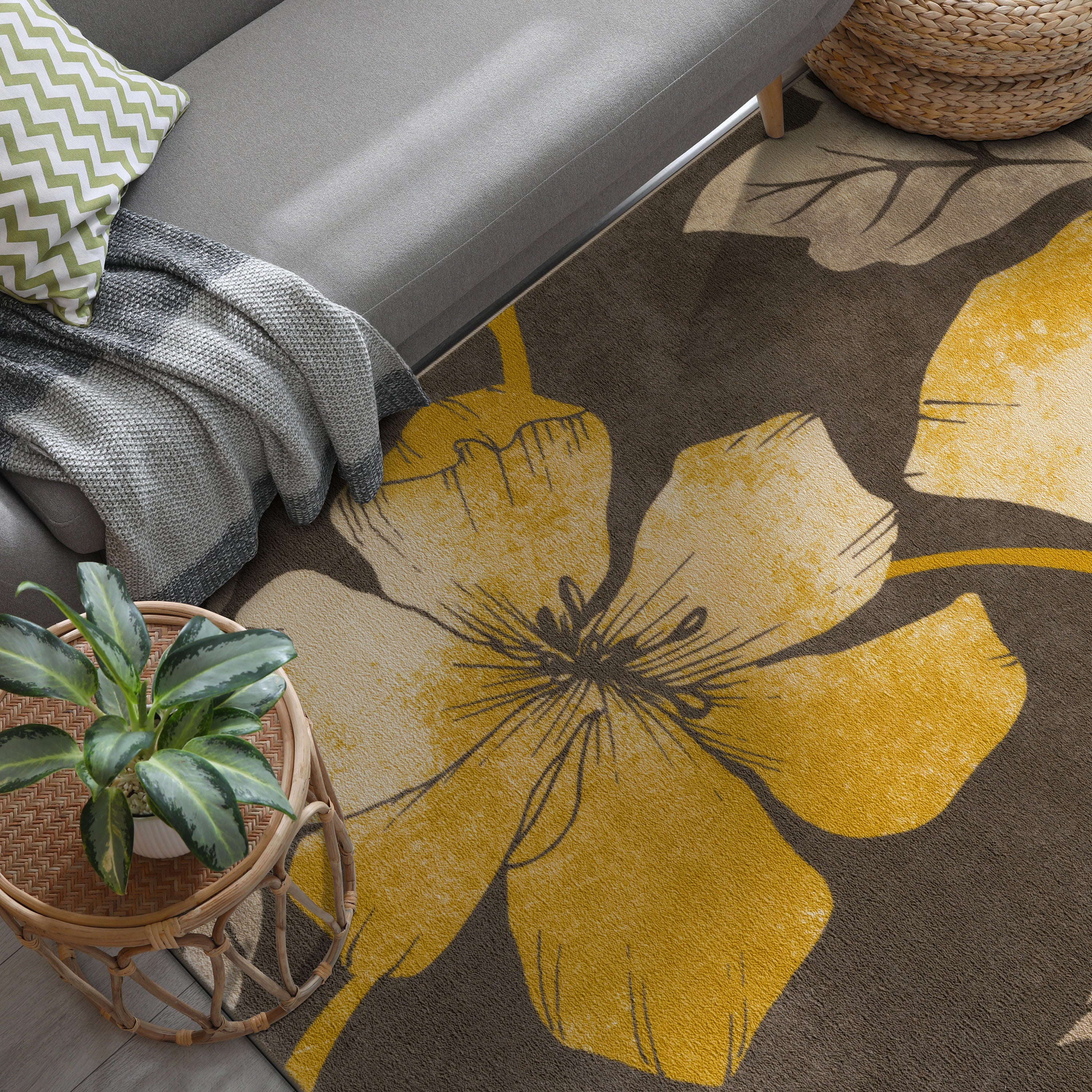 Floral Non-Slip Area Rugs Yellow