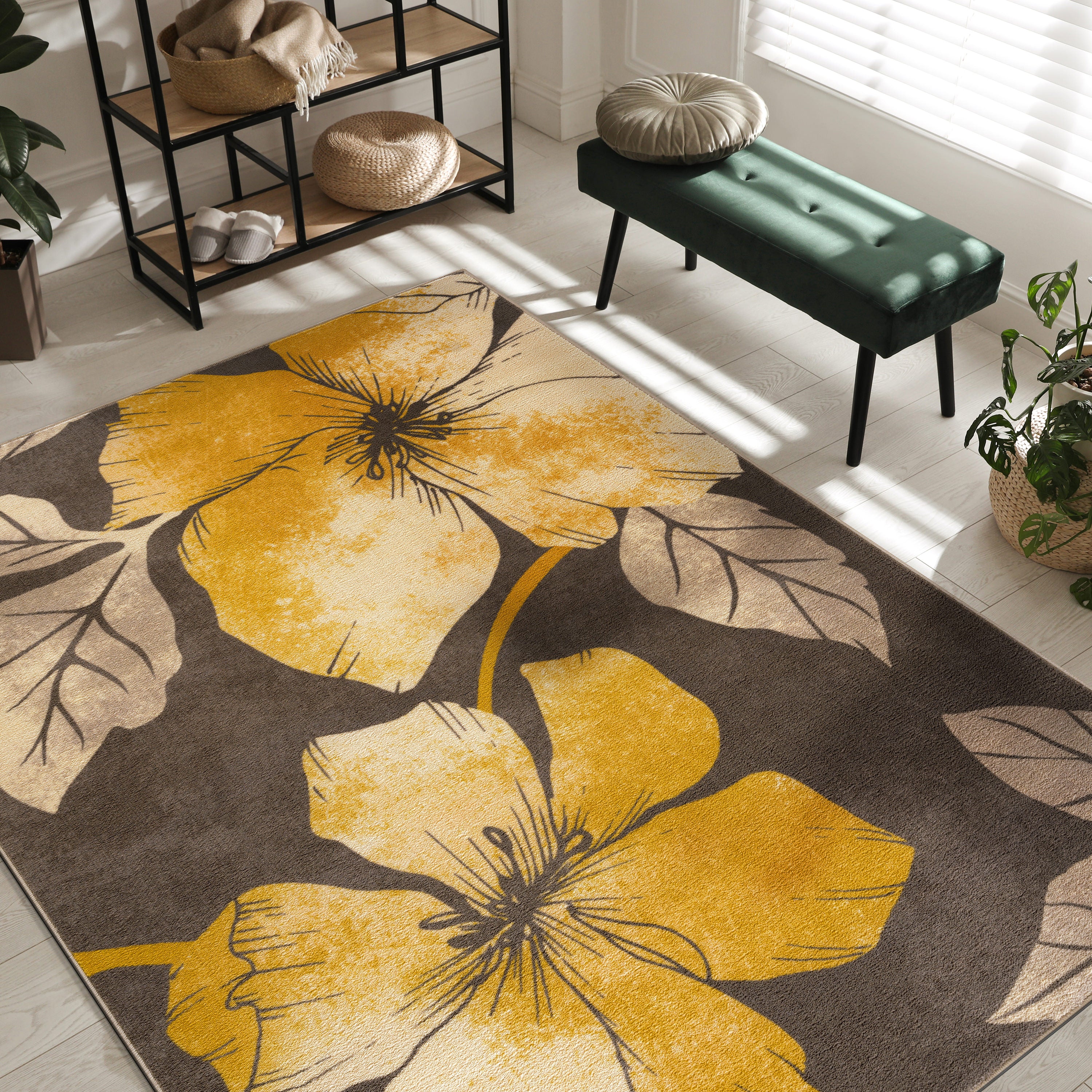 Floral Non-Slip Area Rugs Yellow