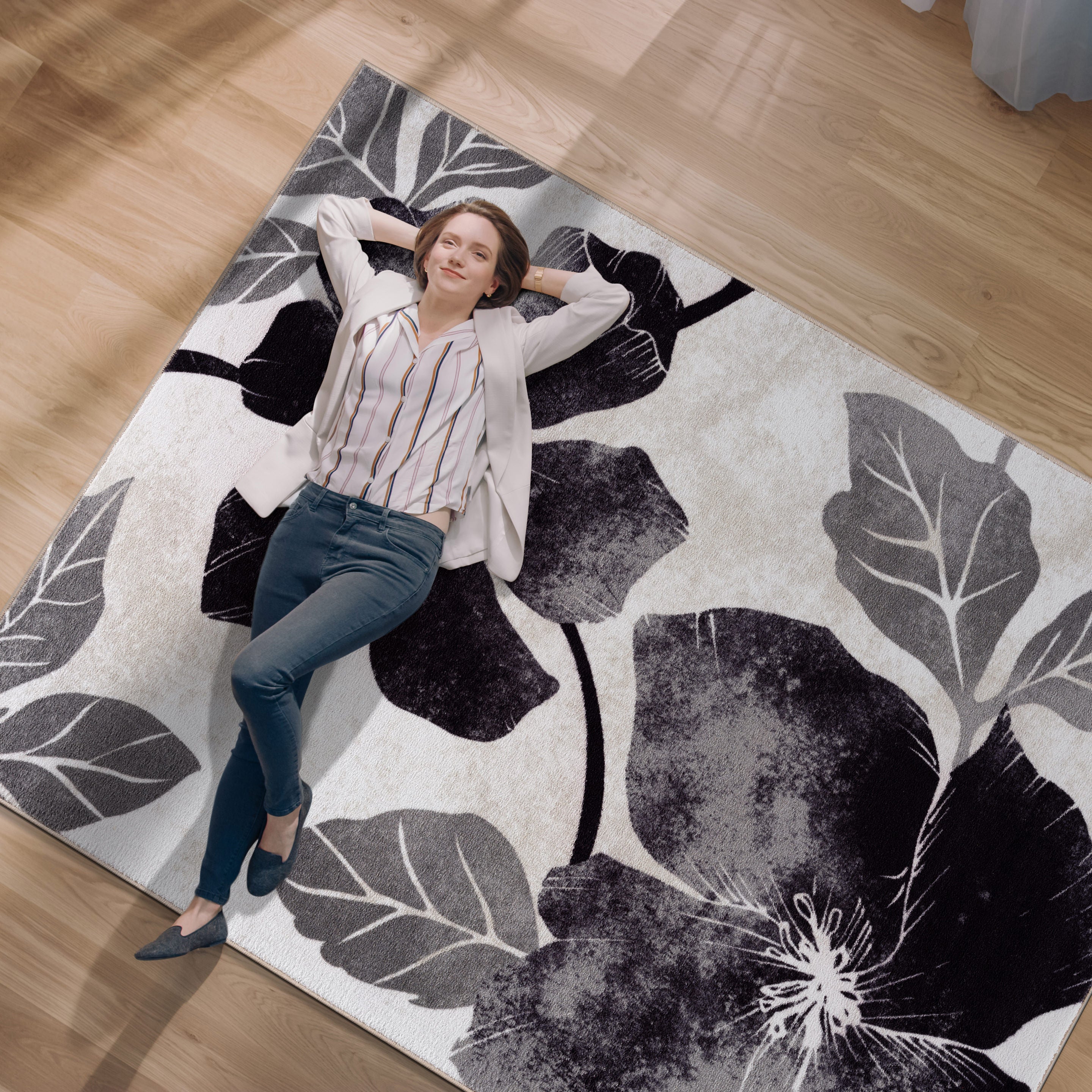 Floral Non-Slip Area Rugs Black