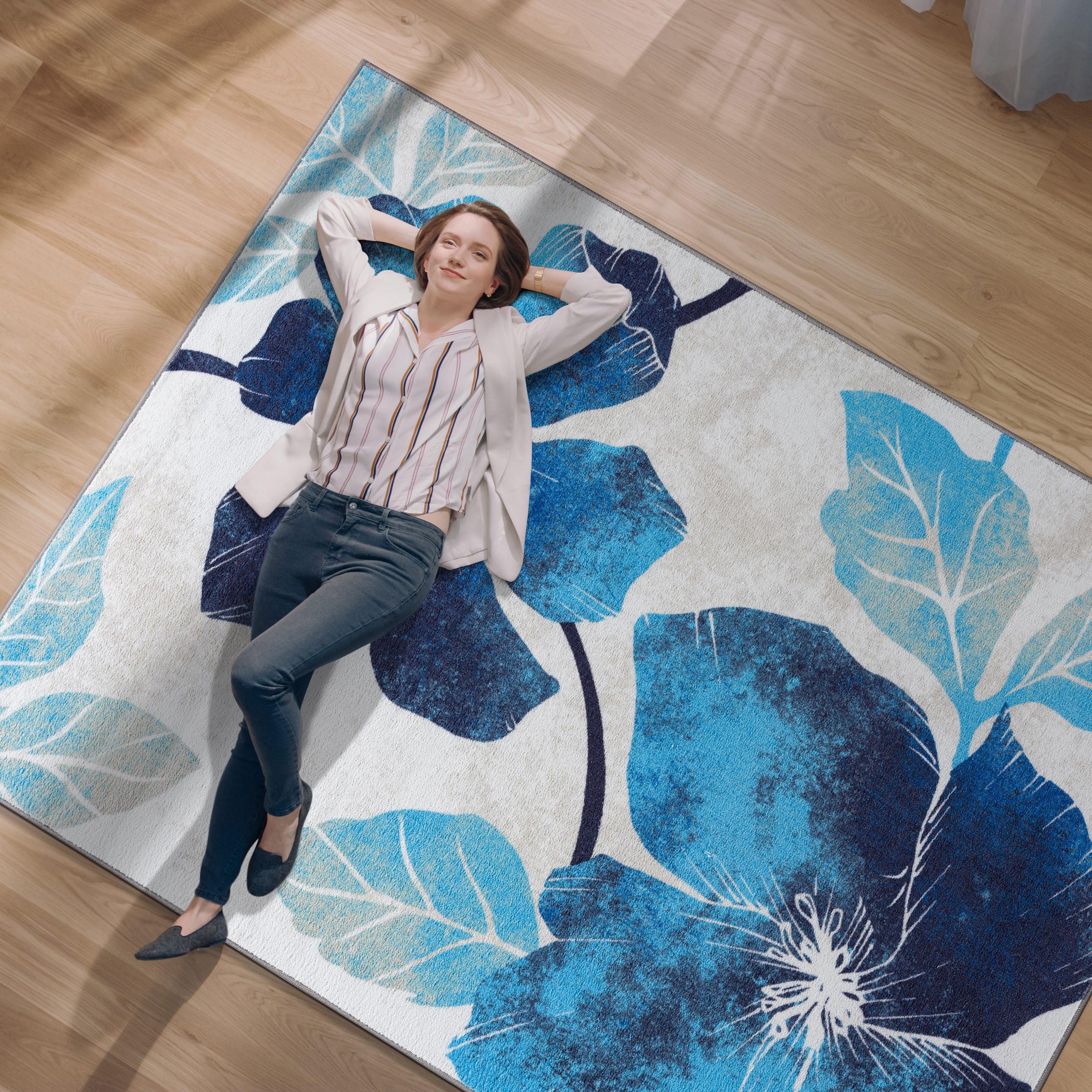 Floral Non-Slip Area Rugs Blue